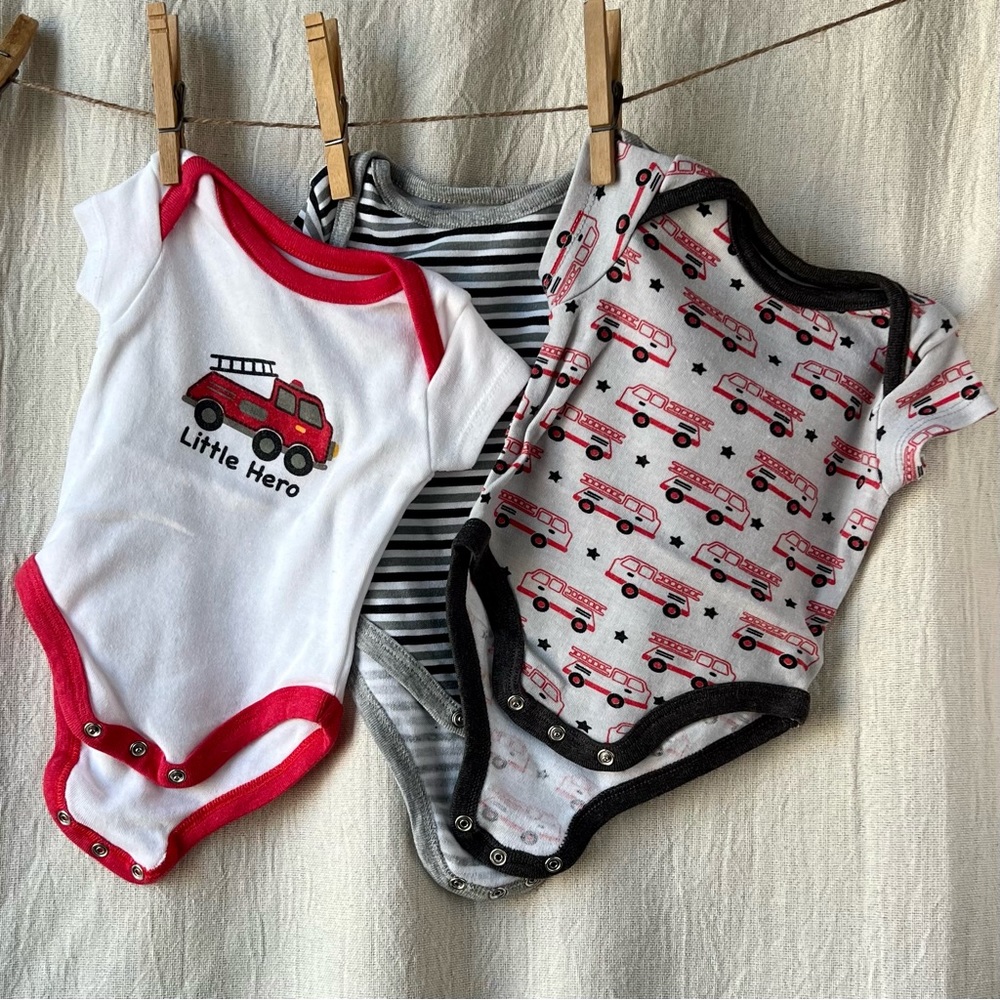 Baby Elements 3 Firetruck Themed Bodysuits 0-3M